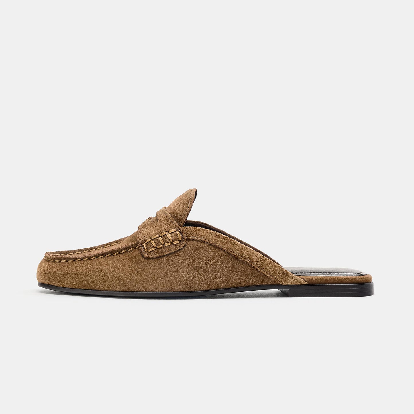 Brown Faux Suede Round-Toe Backless Slip-On Loafers Flats