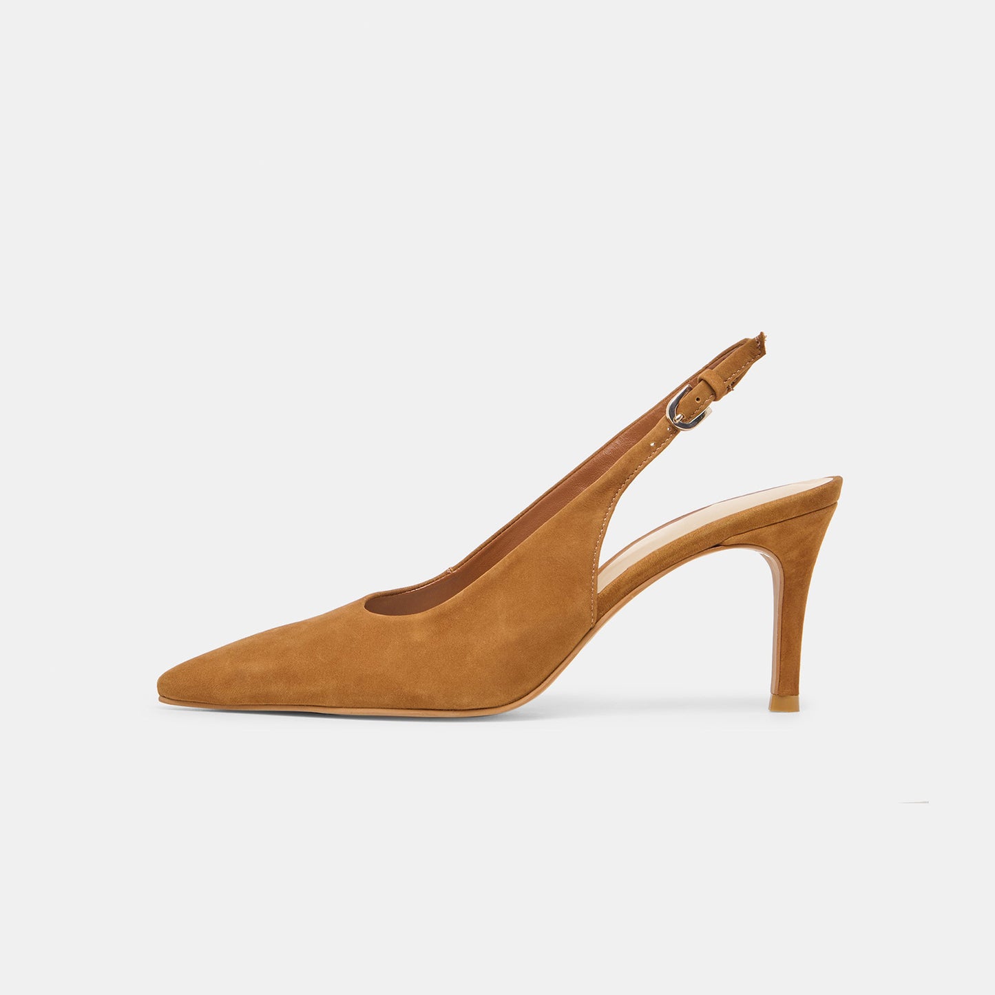 Brown Faux Suede Classic Pointed-Toe Buckle Slingback Kitten Heels