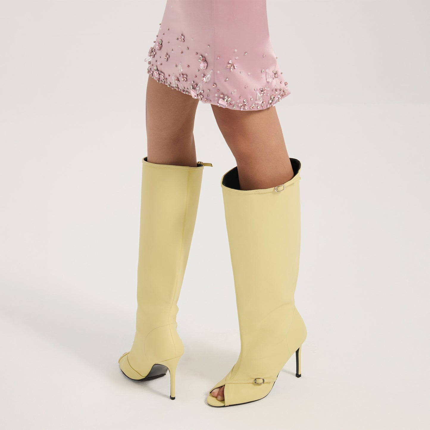 Yellow Peep Round-Toe Sleek Wide Calf Knee High Stiletto Boots