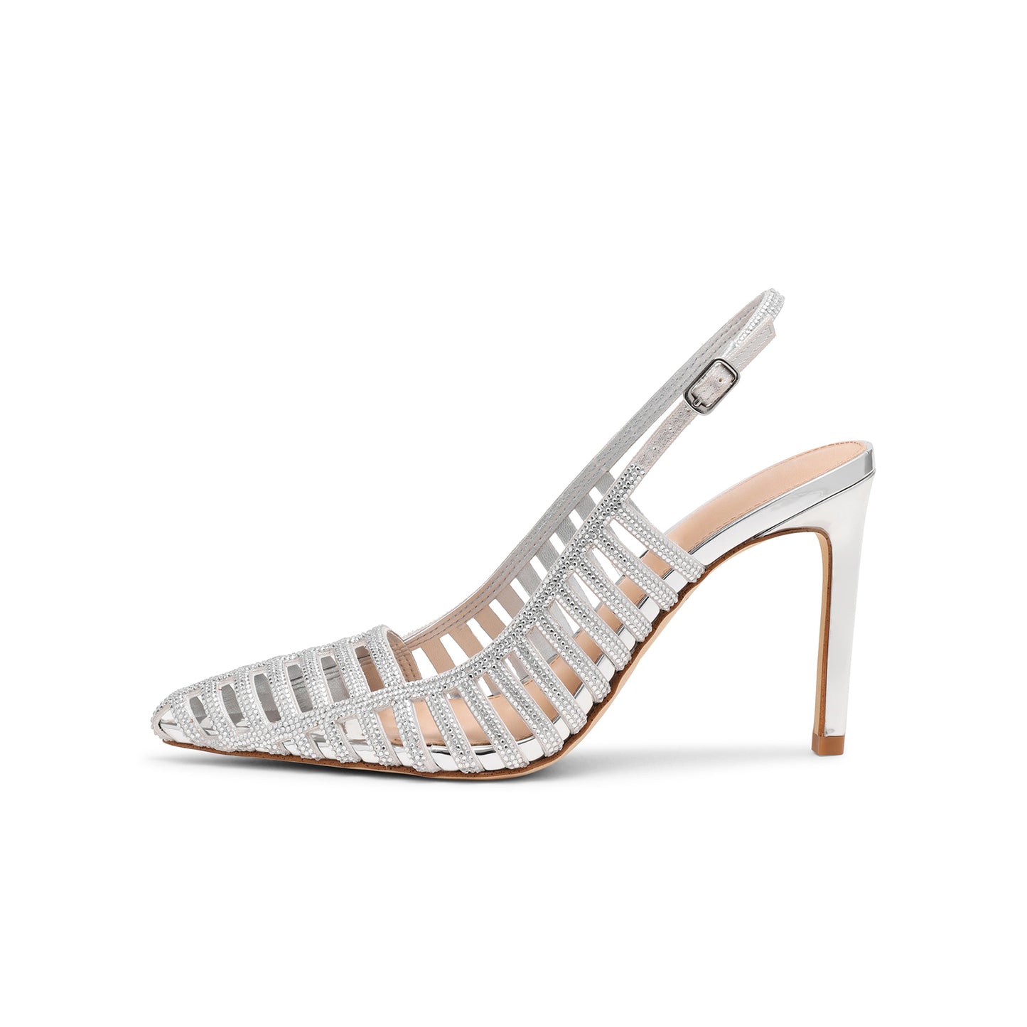 Metallic Silver Pointed-Toe Rhinestones Strappy And Slingback Kitten Heels