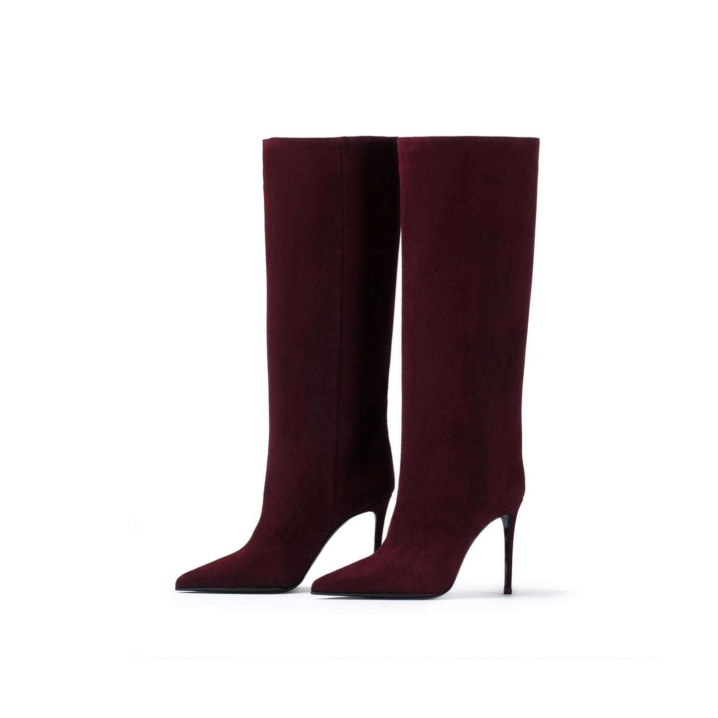 Cherry Red Faux Suede Pointed-Toe Simple Wide Calf Knee High Tall Stiletto Boots