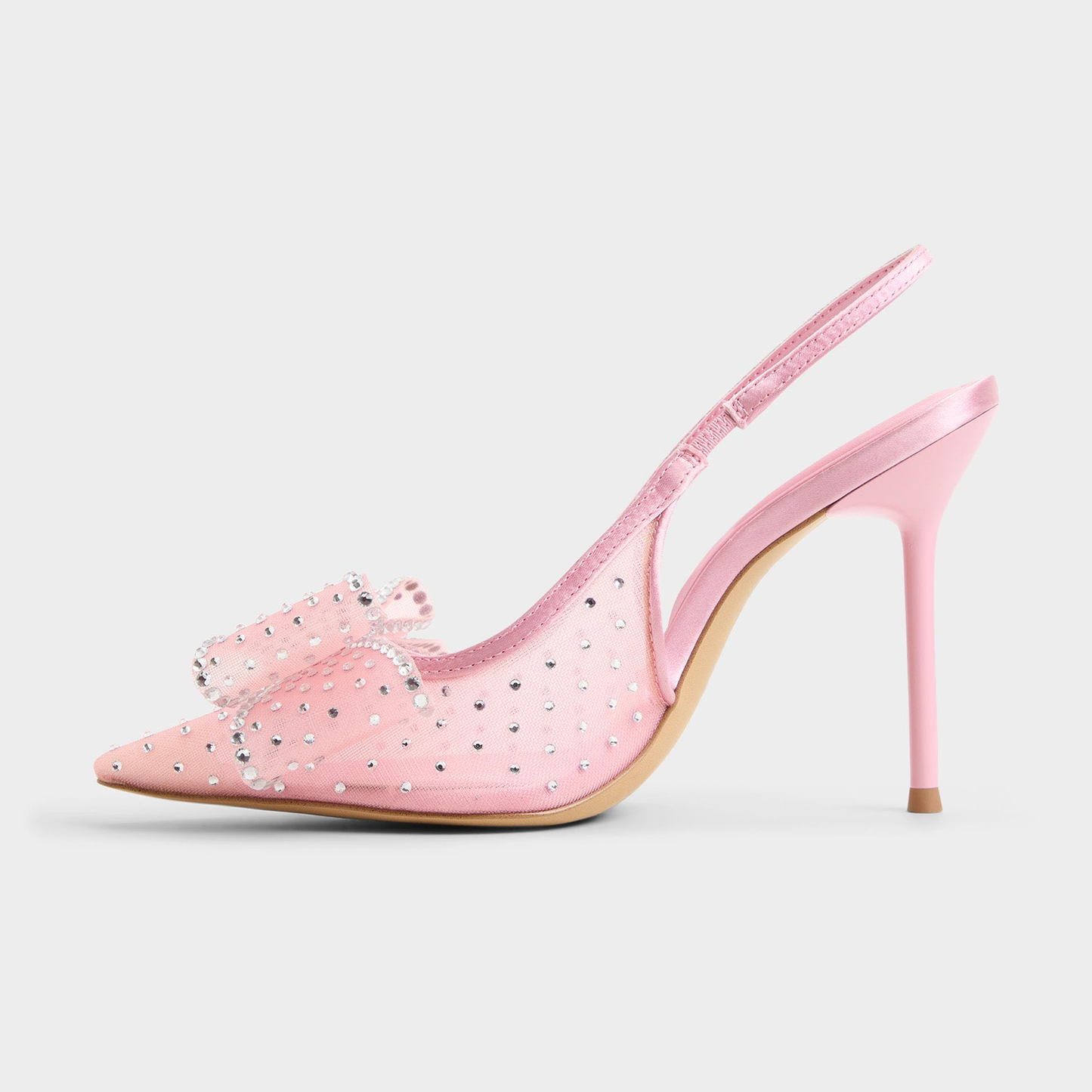 Pink Satin And Mesh Pointed-Toe Full Pearl And Front Bow Slingback High Heels