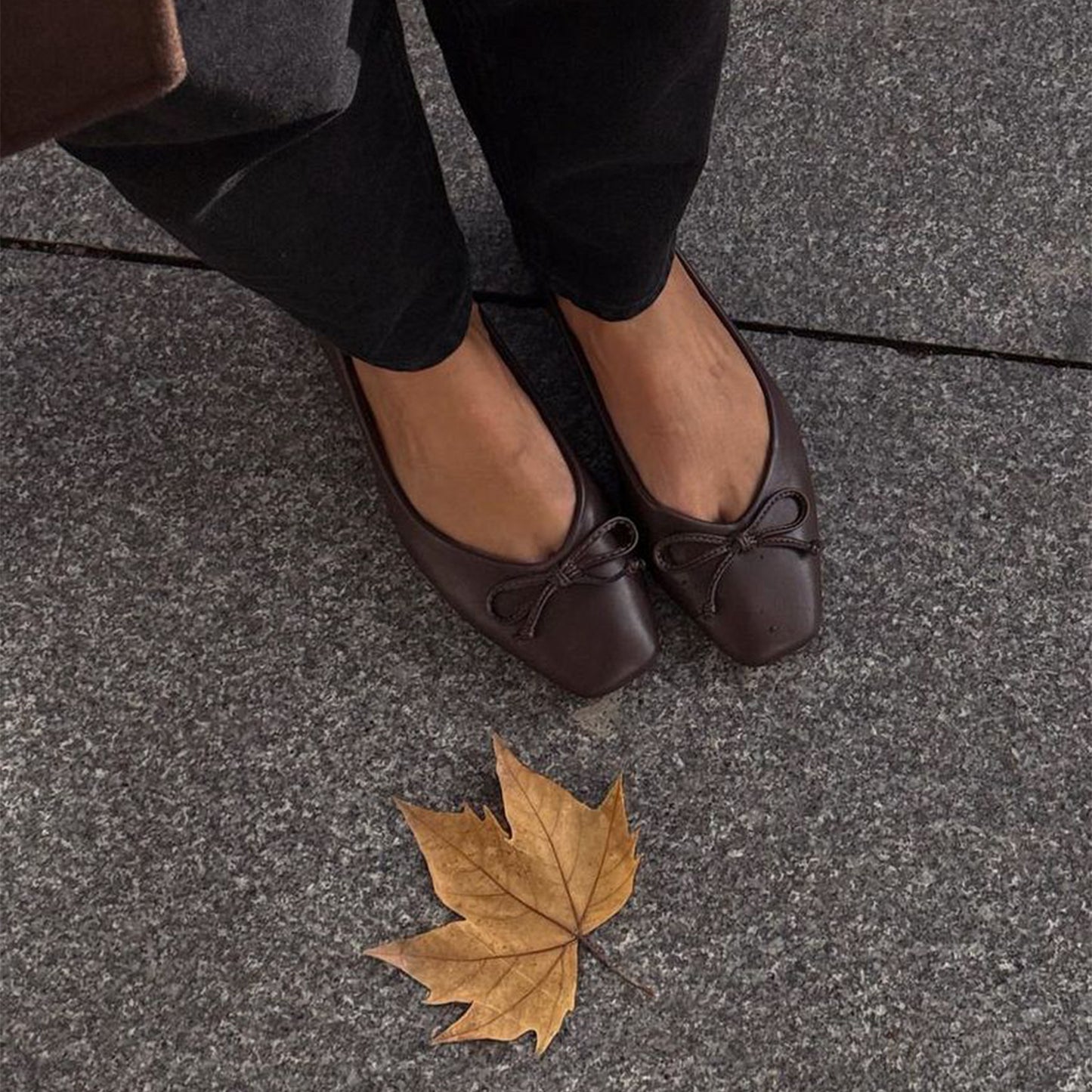 Brown Square-Toe Classic Front Bow Detail Ballet Flats