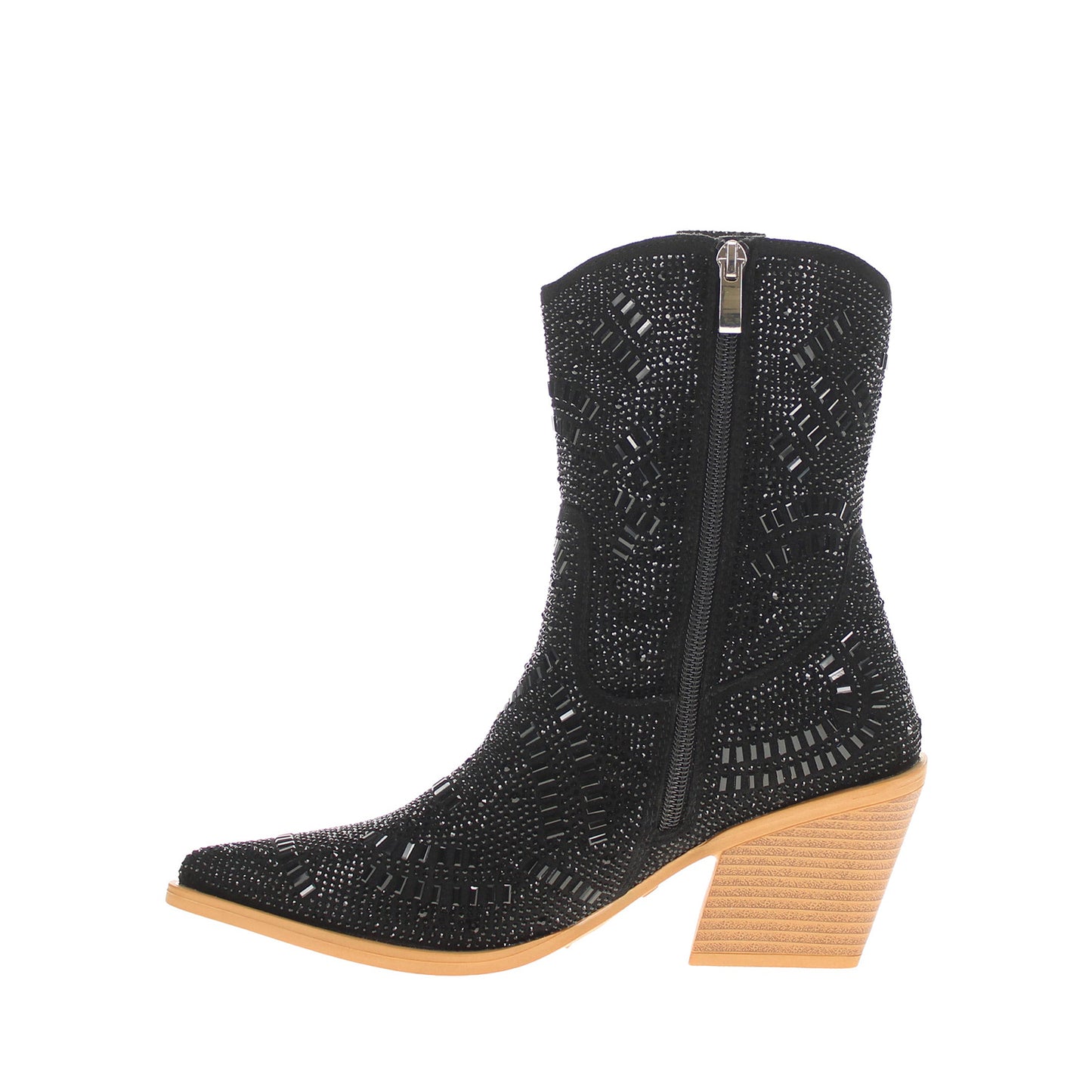 Black Faux Suede Pointed-Toe Full Crystals Full-Zip Ankle Cowgirl Boots