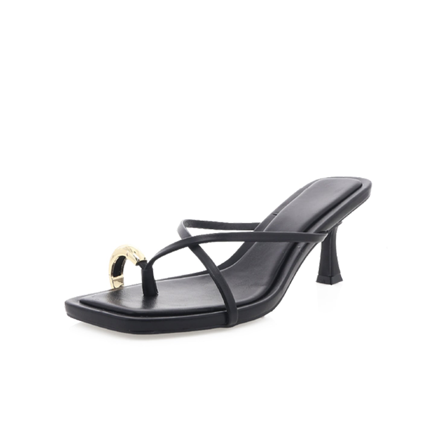 Black Open Square-Toe Double Straps High Heels