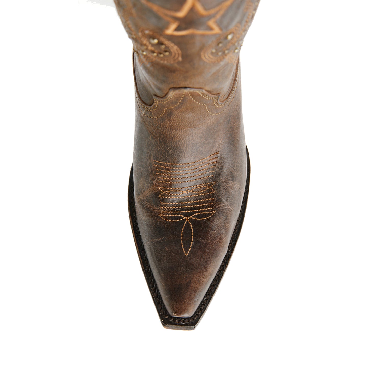Brown Snip-Toe Stars Studs And Embroidery Mid Calf Cowgirl Boots