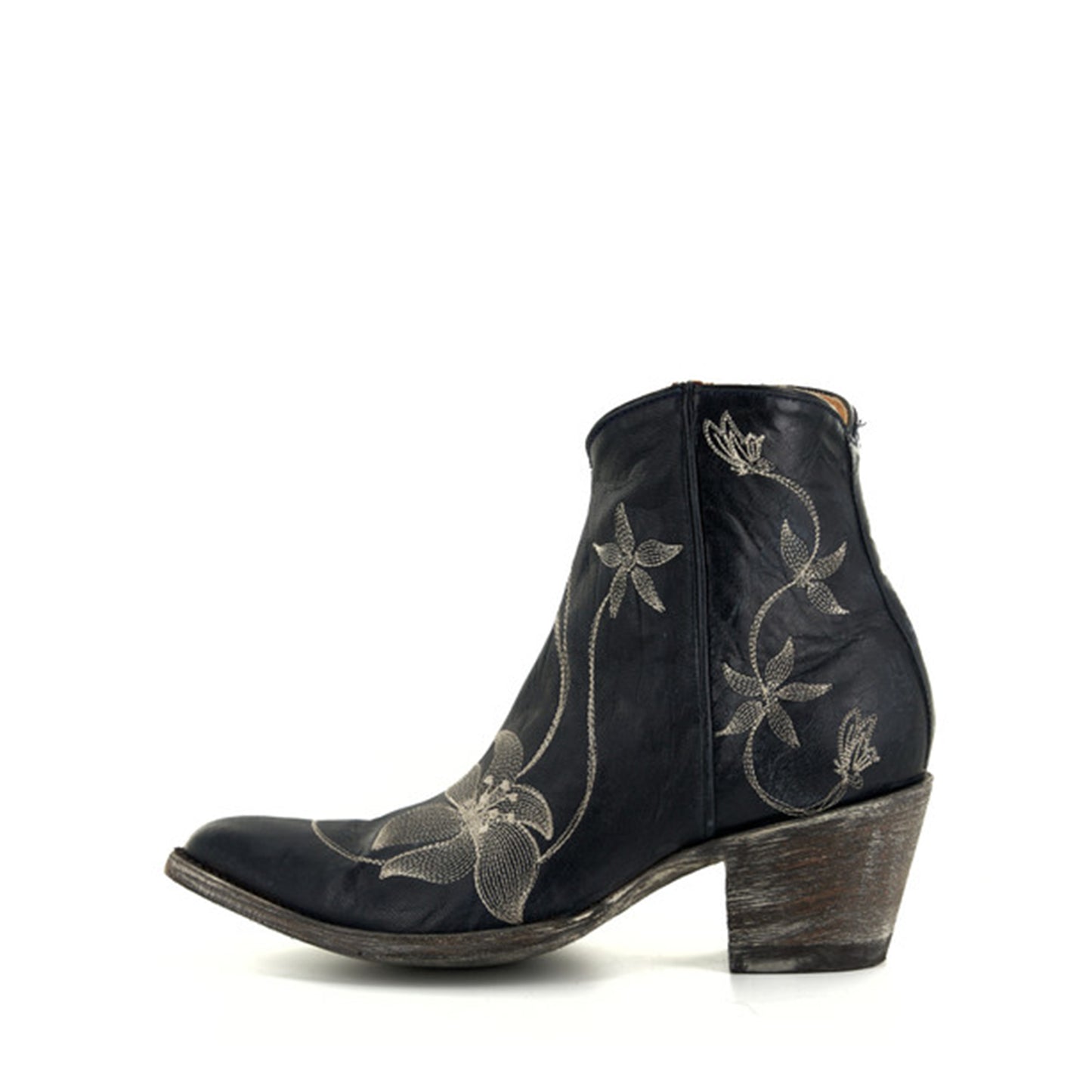 Navy Blue Round-Toe Floral Embroidery Full-Zip Ankle Cowgirl Boots