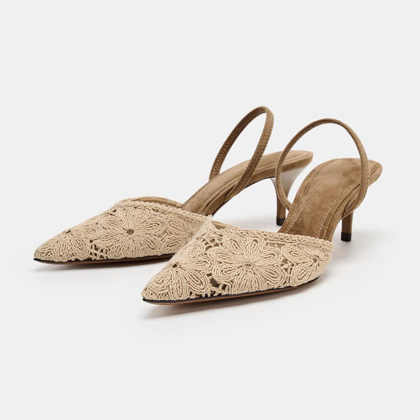 Beige Wool Weaving Pointed-Toe Flowers Pattern Slingback Kitten Heels