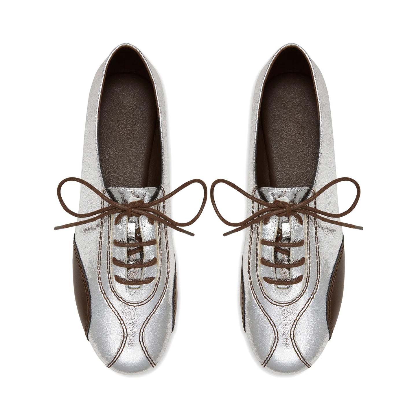 Metallic Silver Round-Toe Chic Lace-Up Flats Sneakers