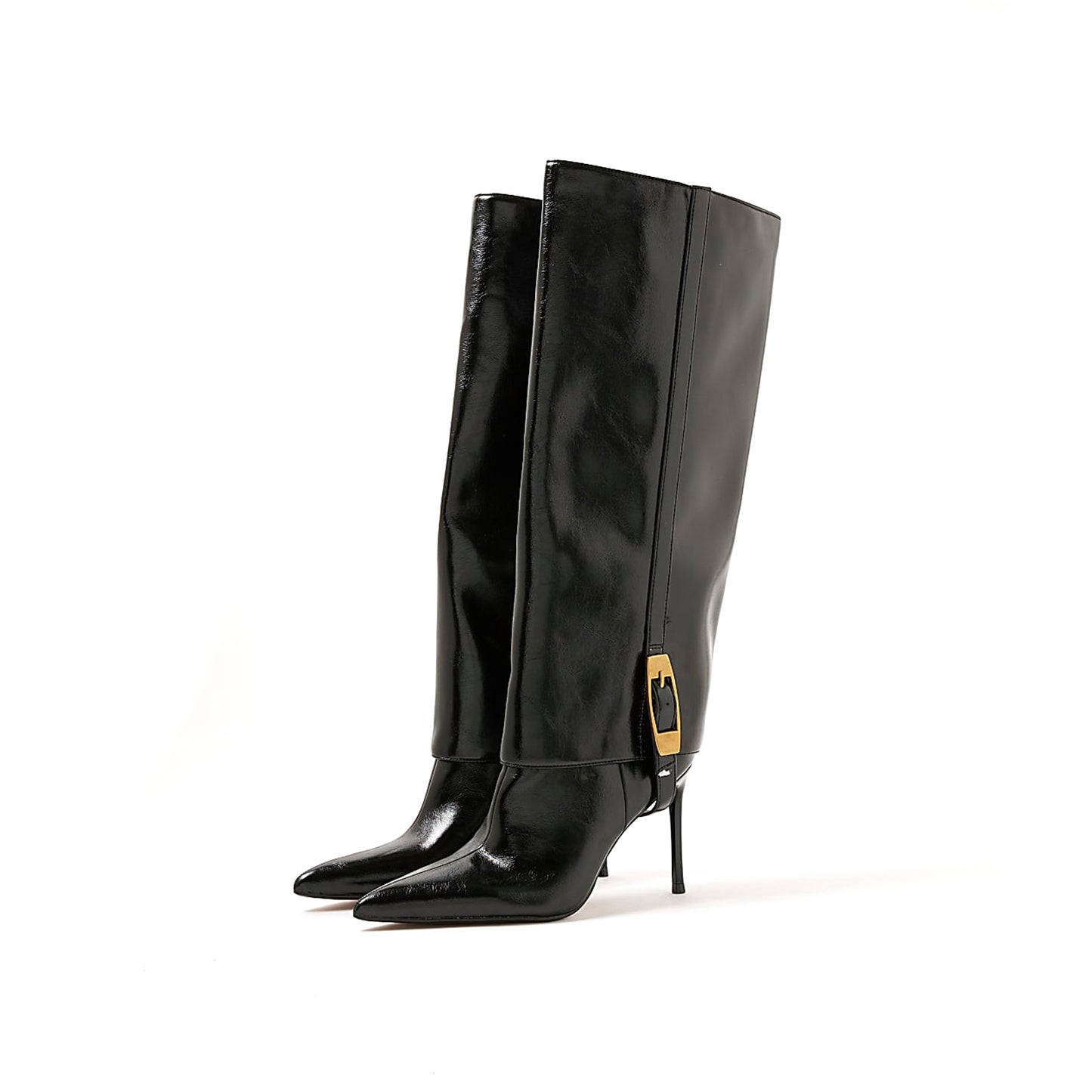 Black Pointed-Toe Dismountable Fold-Over Shaft Full-Zip Stiletto Boots