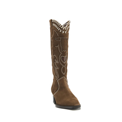 Brown Embroidery Tauren And Heart Inlay Running Lace Stitch Knee High Cowgirl Boots