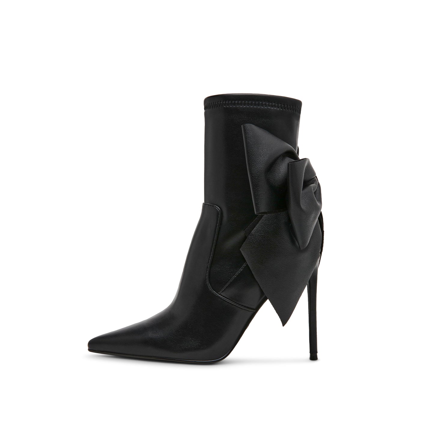 Black Pointed-Toe Zipper Back Big Bow Ankle Stiletto Boots