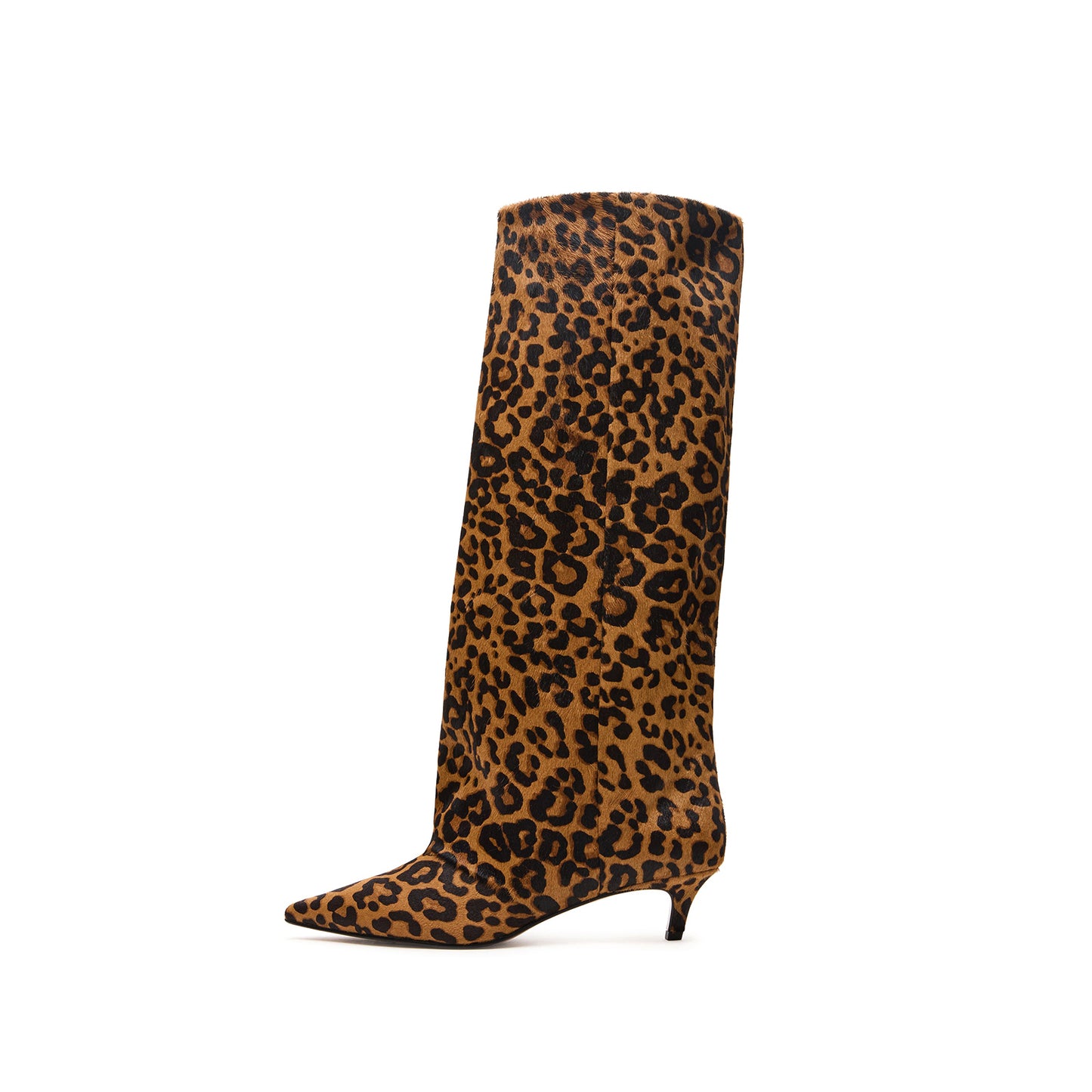 Leopard Pony Hair Pointed-Toe Sleek Wide Calf Knee High Stiletto Boots