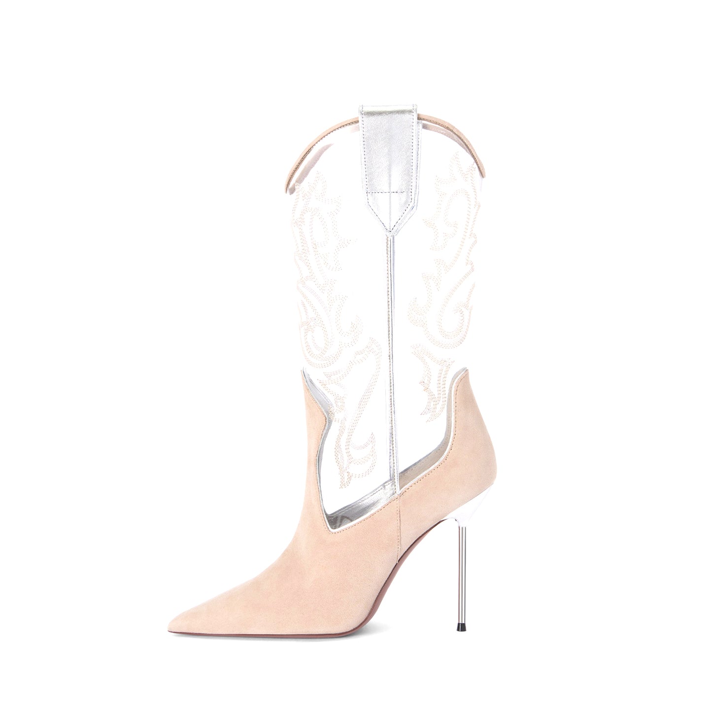 Contrast Gray Faux Suede And PVC Transparent Film Pointed-Toe Embroidery Mid Calf Stiletto Boots