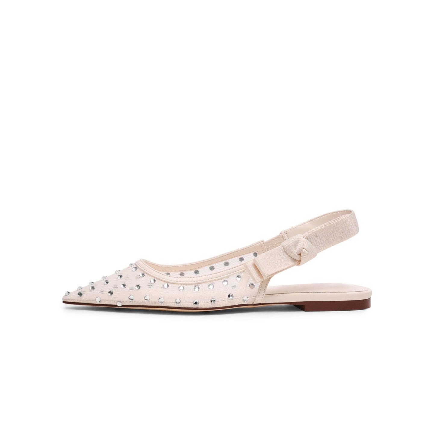 Ivory Mesh Pointed-Toe Rhinestones And Slingback With Bow Flats