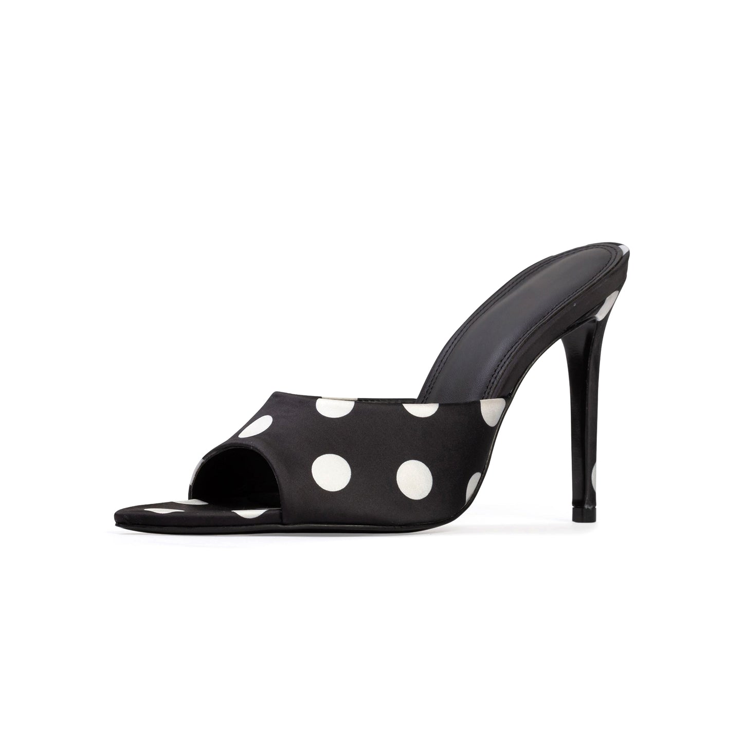 Black Satin Polka Dot Open Pointed-Toe Backless High Heels