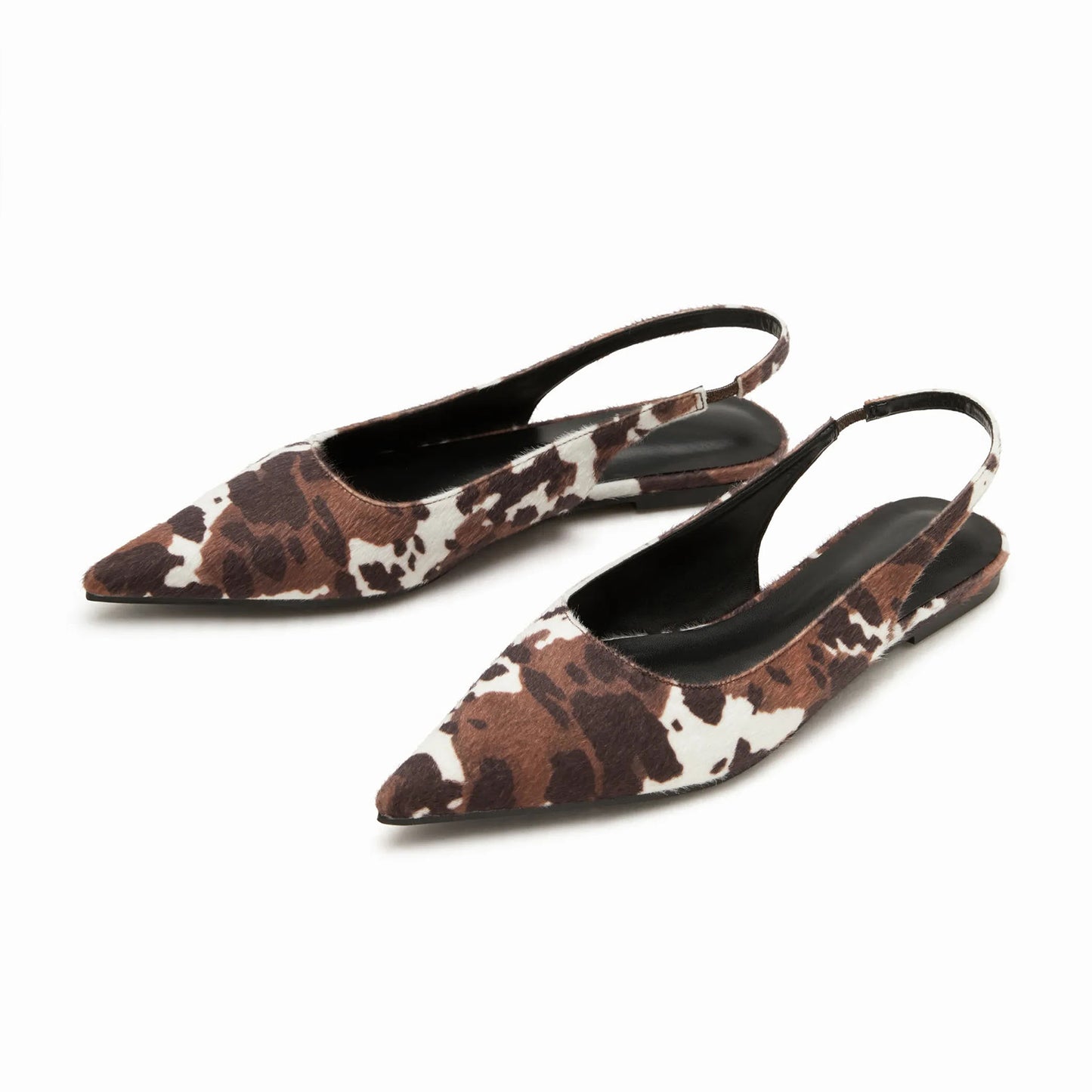Cow Pattern Pony Hair Pointed-Toe Simple Back Strap Flats