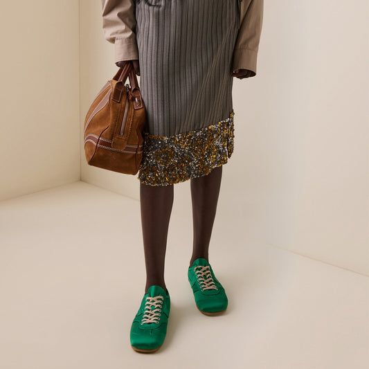 Green Satin Square-Toe Lace-Up Sneakers Flats