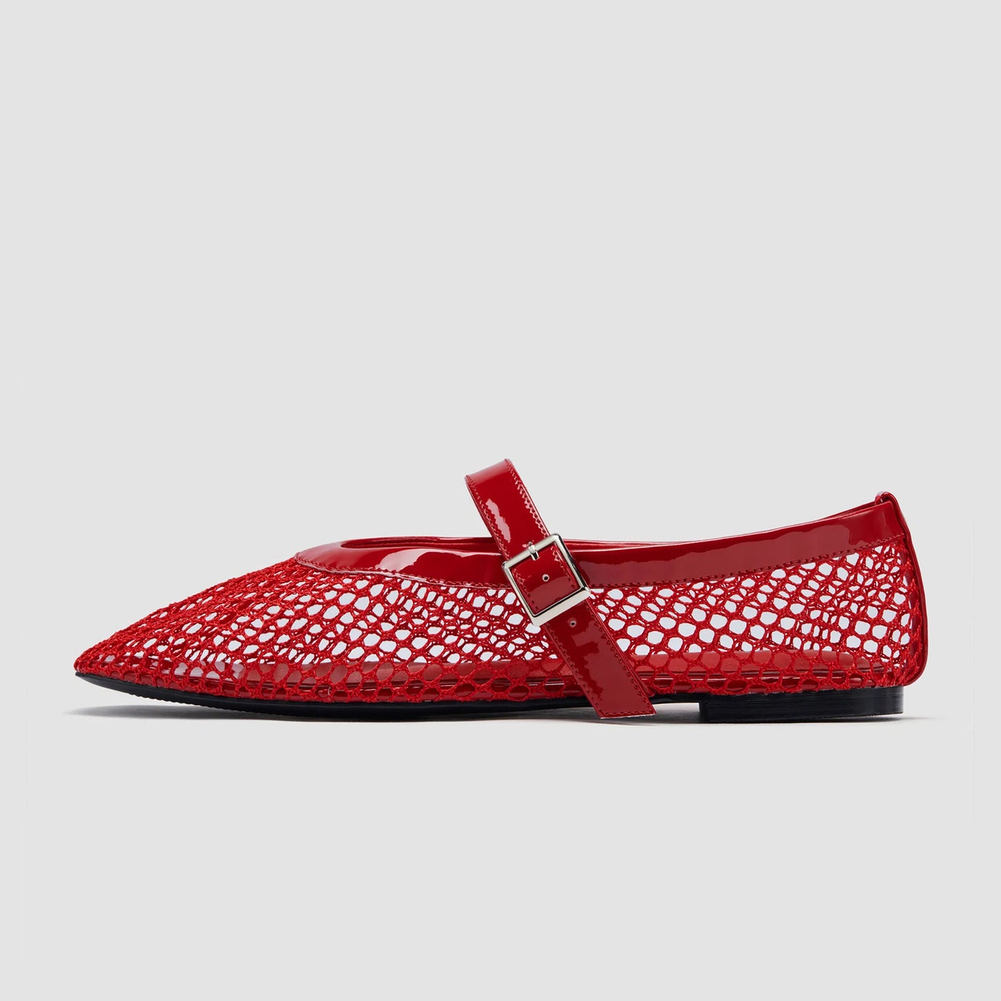 Red Mesh And Patent Leather Square-Toe Mary Jane Ballet Flats