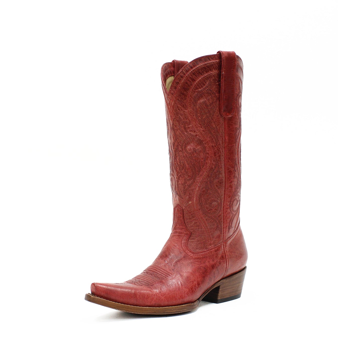 Distressed Wine Red Snip-Toe Embroidery Chic Mid Calf Cowgirl Boots