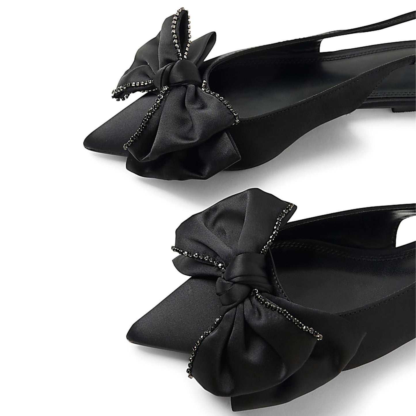 Black Satin Pointed-Toe Front Big Bow Slip-On Slingback Flats