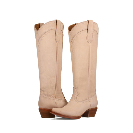 Bone Almond-Toe Sleek Wide Calf Knee High Simple Cowgirl Boots