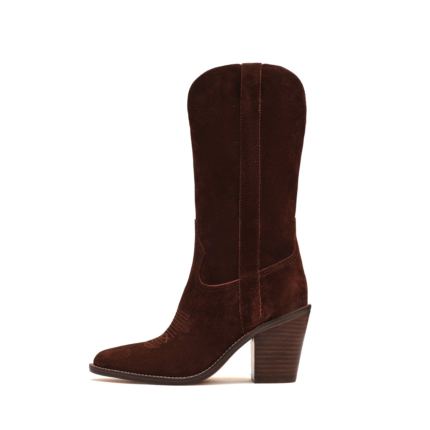 Chocolate Faux Suede Almond-Toe Classic Simple Mid Calf Cowgirl Boots