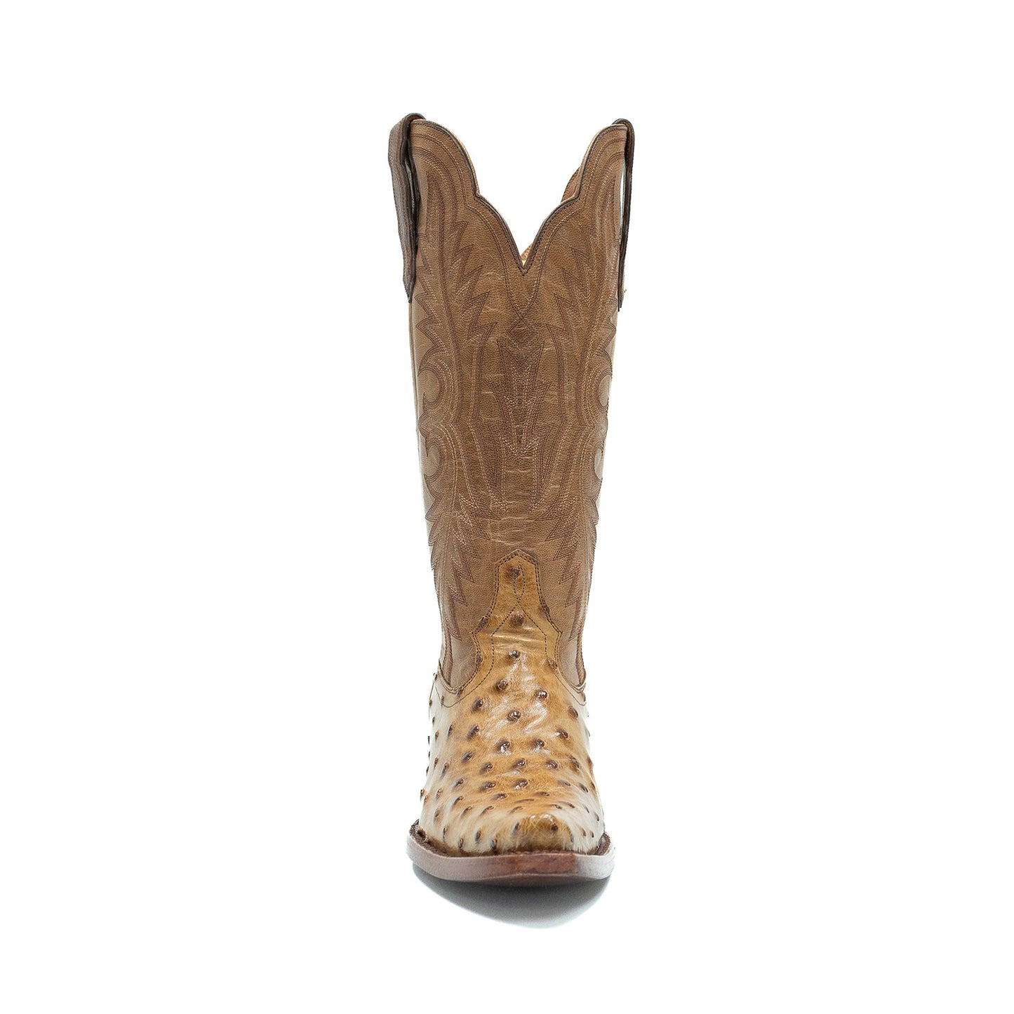 Umber Contrast Vegan Leather And Ostrich Print Snip-Toe Embroidery Mid Calf Cowgirl Boots