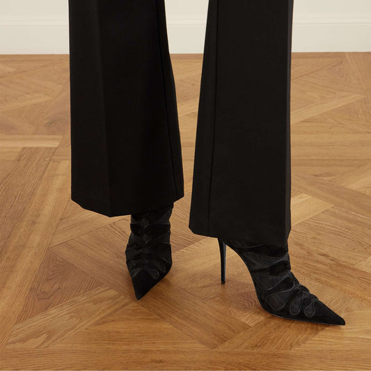Black Faux Suede And Mesh Pointed-Toe Back Full-Zip Ankle Stiletto Boots