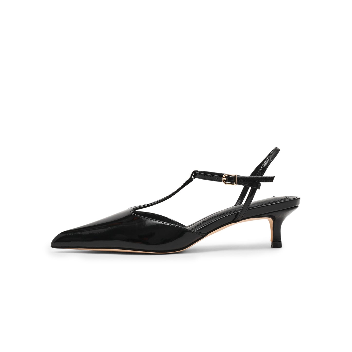 Patent Black Pointed-Toe Straps Kitten Heels