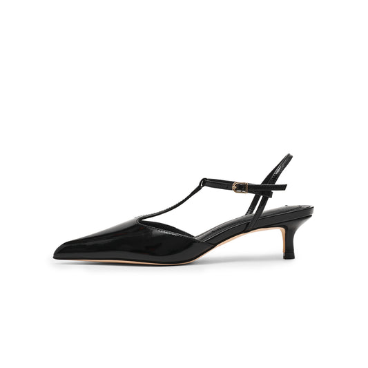 Patent Black Pointed-Toe Straps Kitten Heels