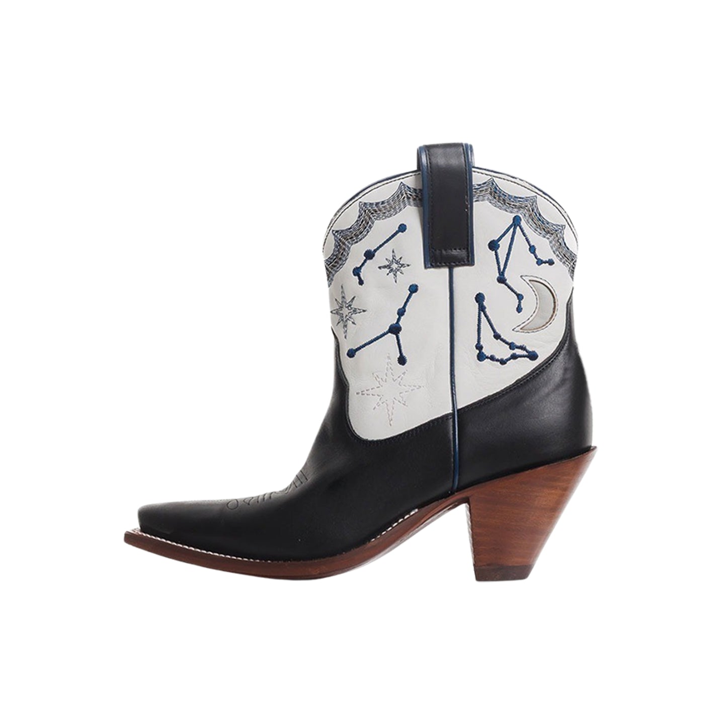 Contrast Black And White Snip-Toe Constellation Embroidery Moon Inlay Ankle Cowgirl Boots