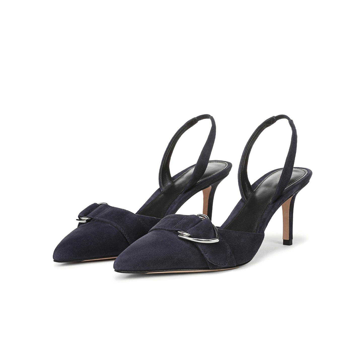 Navy Faux Suede Pointed-Toe Front Gold D-Ring Strap Slingback Kitten Heels