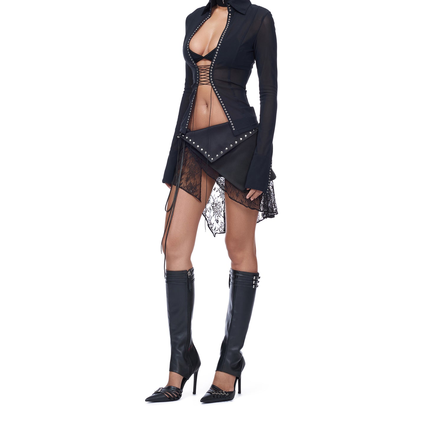Black Pointed-Toe Buckle Straps Full-Zip Knee High Stiletto Boots