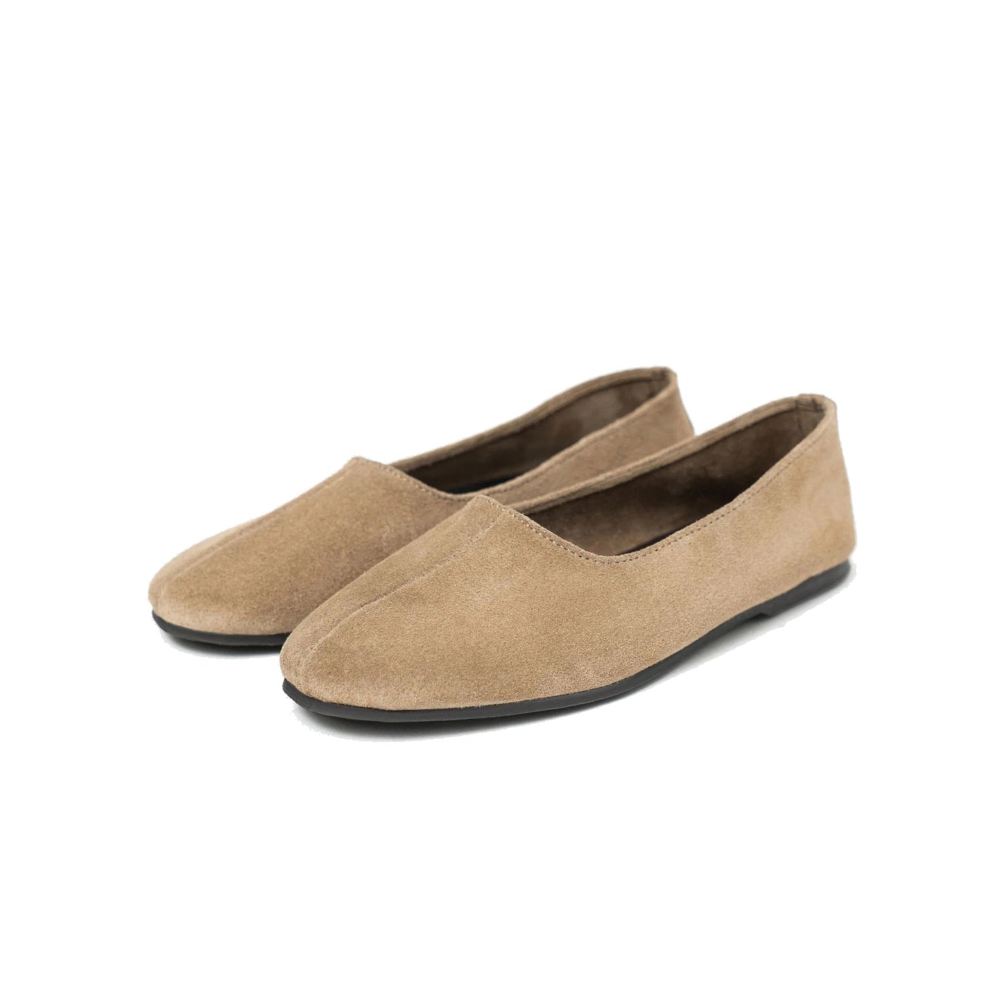 Taupe Cow Suede Round-Toe Slip-On Classic Ballet Flats