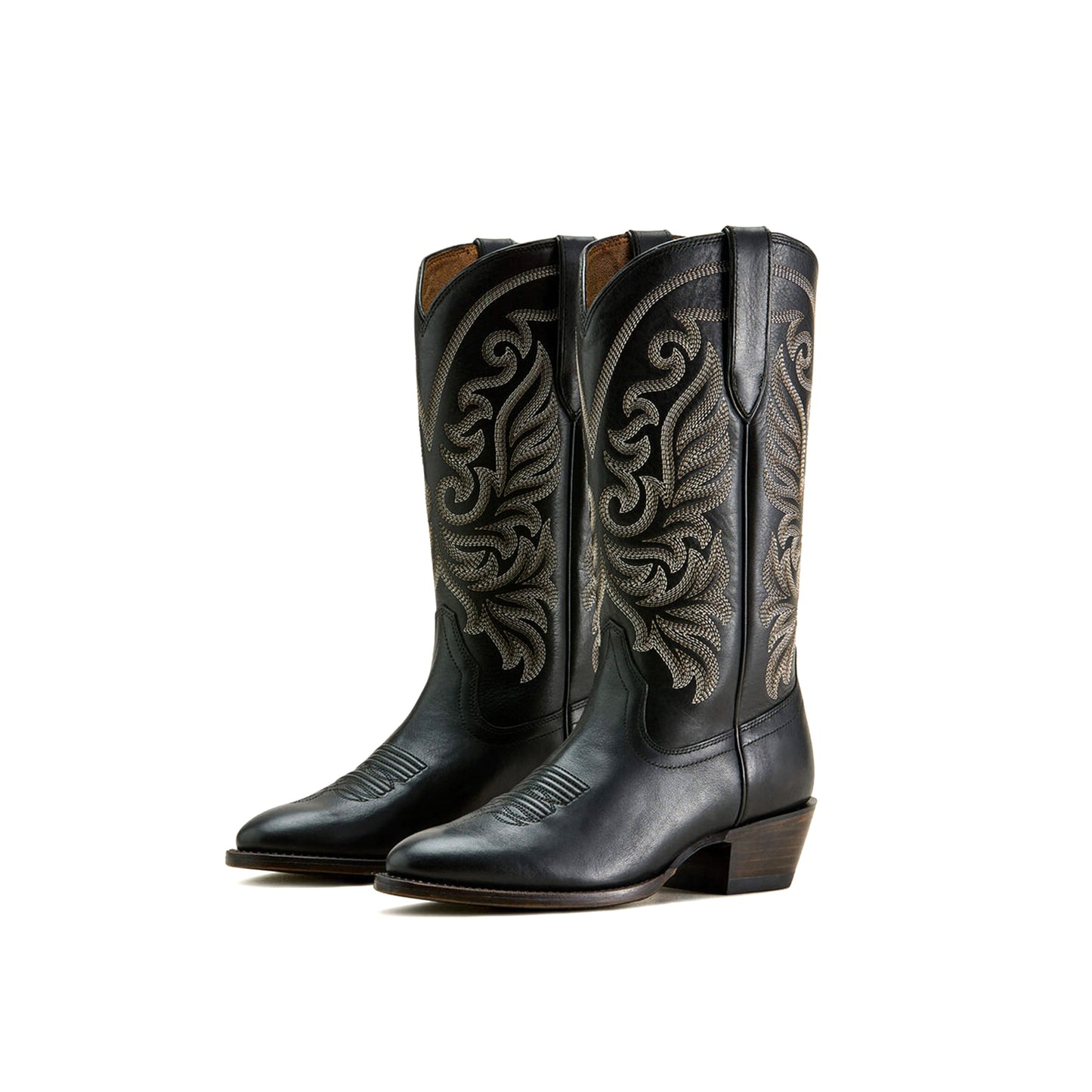 Black Round-Toe Classic Embroidery Mid Calf Cowgirl Boots