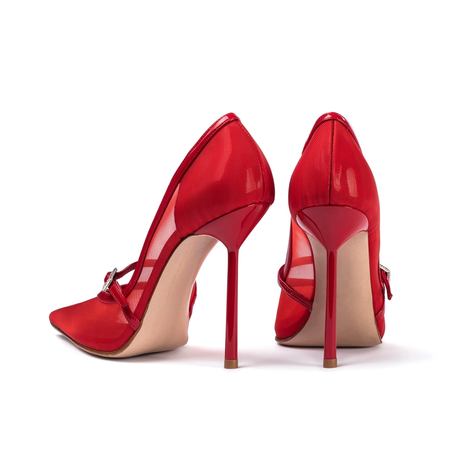 Red Mesh Pointed-Toe Patent Bridge Strap High Heels
