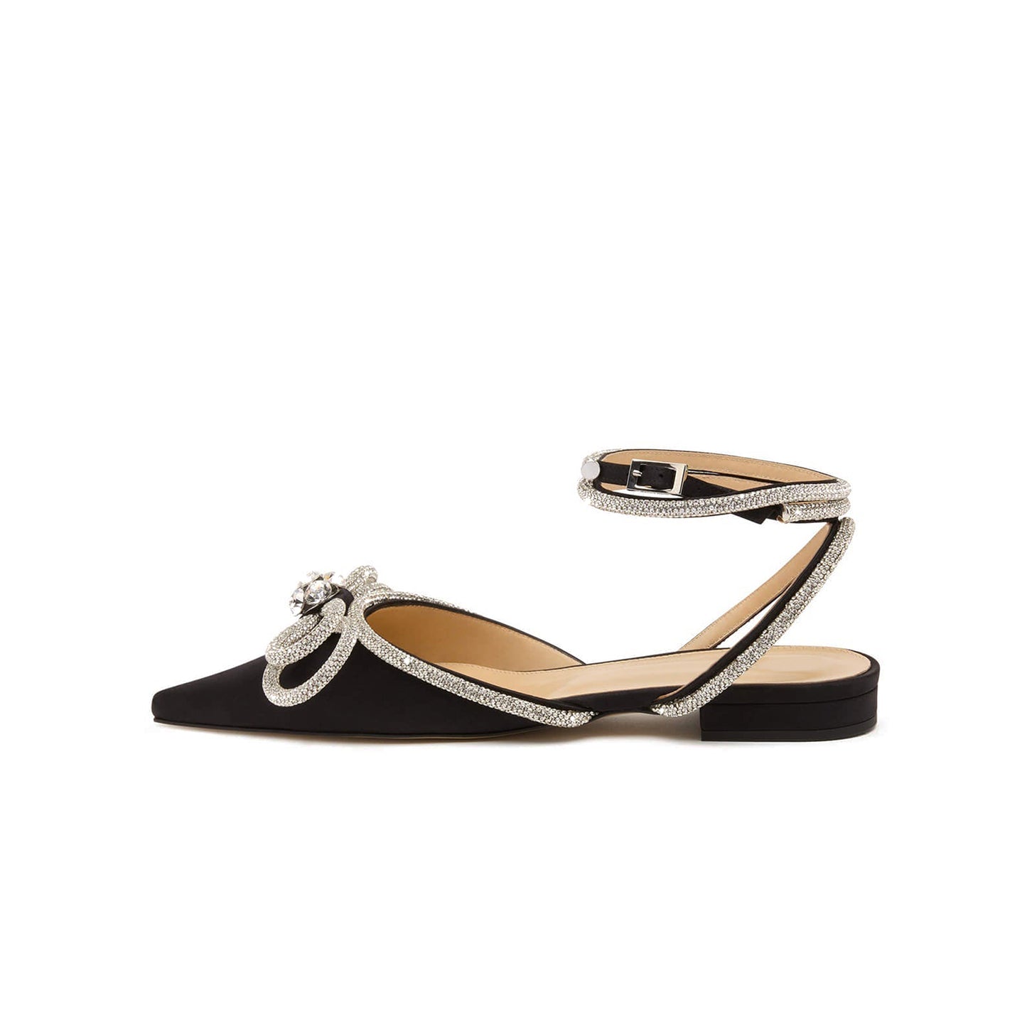 Black Satin Pointed-Toe Glitter Double Bow With Rhinestones Ankle Strap Flats