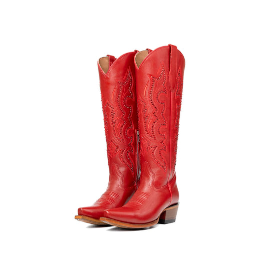 Red Snip-Toe Rhinestone And Embroidery Half-Zip Knee High Cowgirl Boots