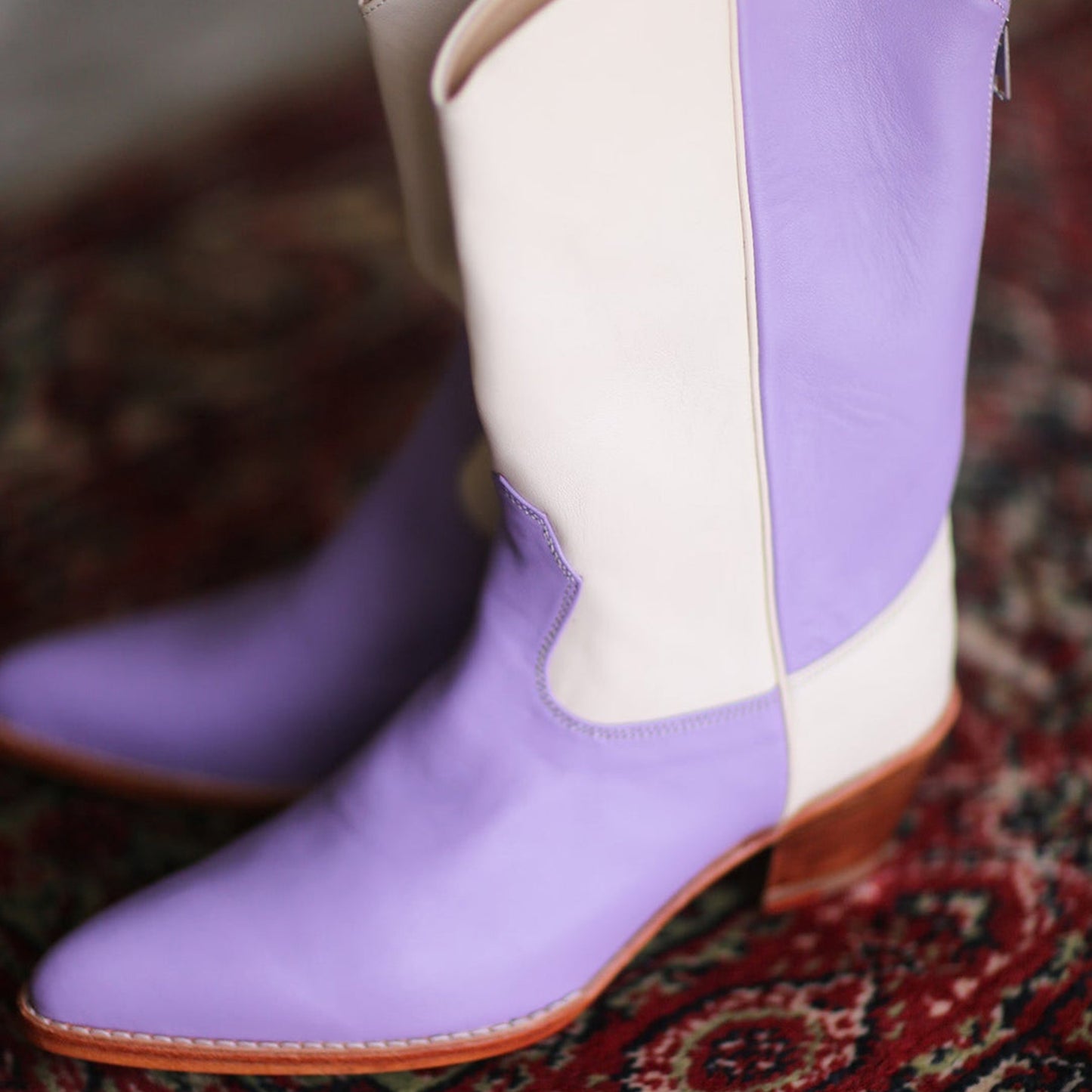 Cream And Lavender Almond-Toe Simple Back Full-Zip Mid Calf Cowgirl Boots