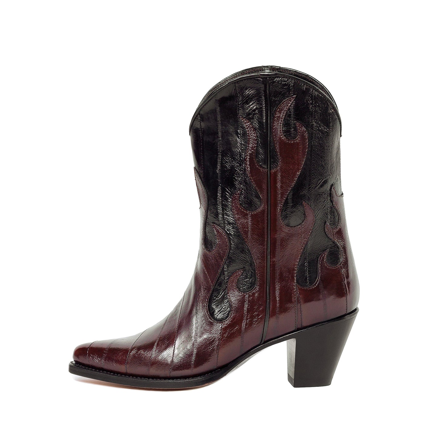 Contrast Colors Eel Print Pointed-Toe Flame Appliques Ankle Cowgirl Boots