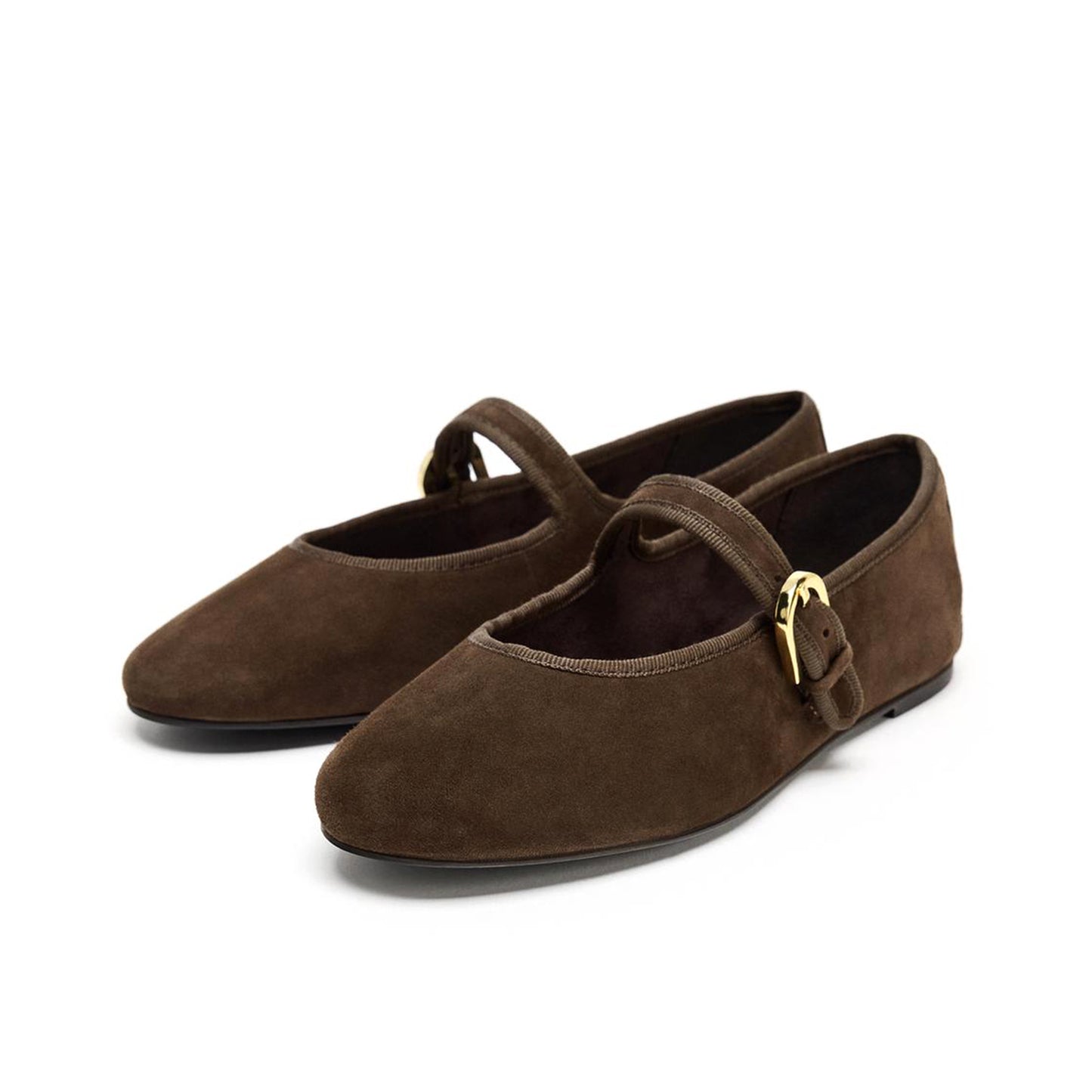 Brown Faux Suede Round-Toe Instep Buckle Closure Ballet Flats