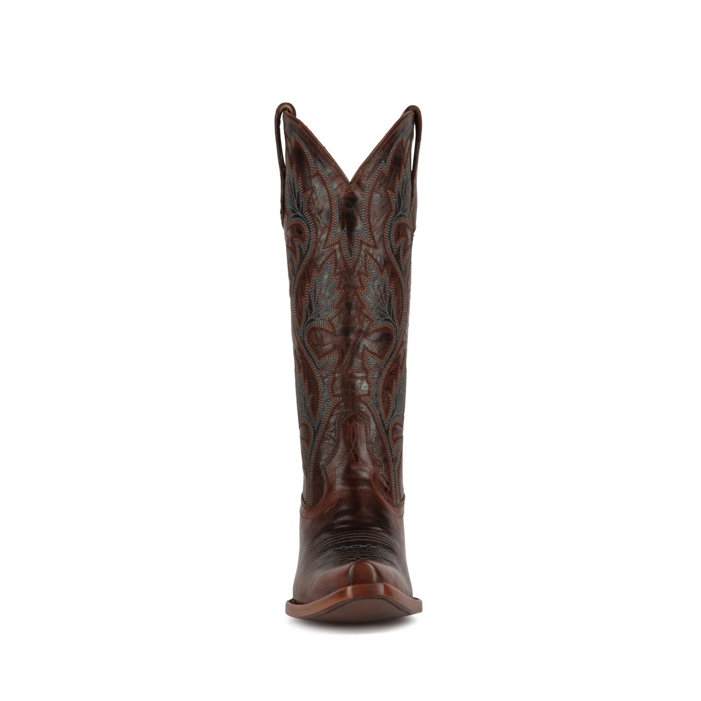 Cognac Snip-Toe Turquoise Plant Embroidery Mid Calf Cowgirl Boots