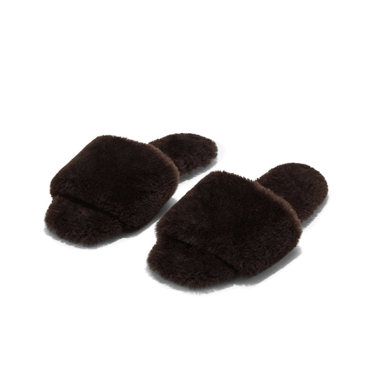 Chocolate Plush Square-Toe Slip-On Slippers Flats