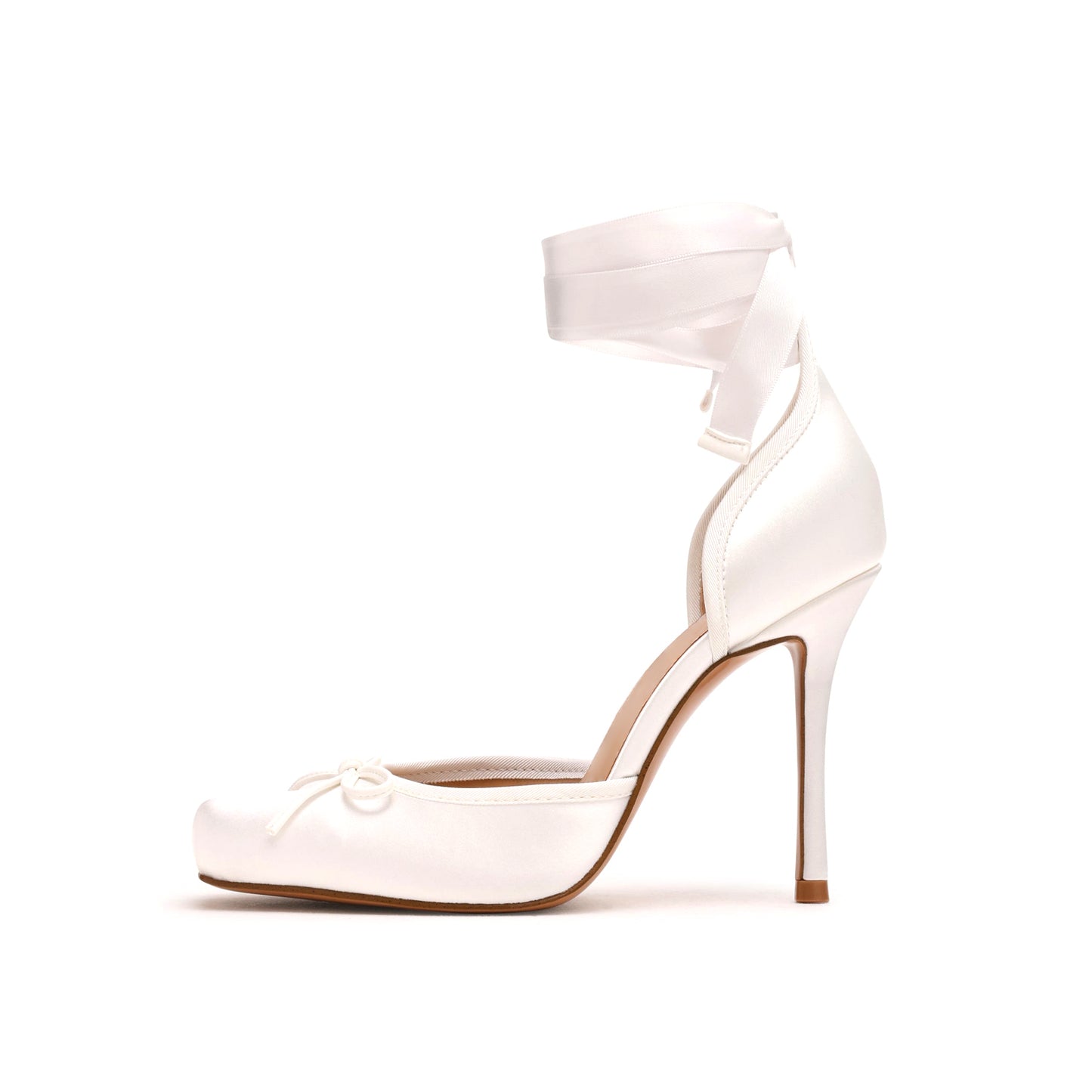 Ivory Satin Square-Toe Front Bow Ankle Straps High Heels