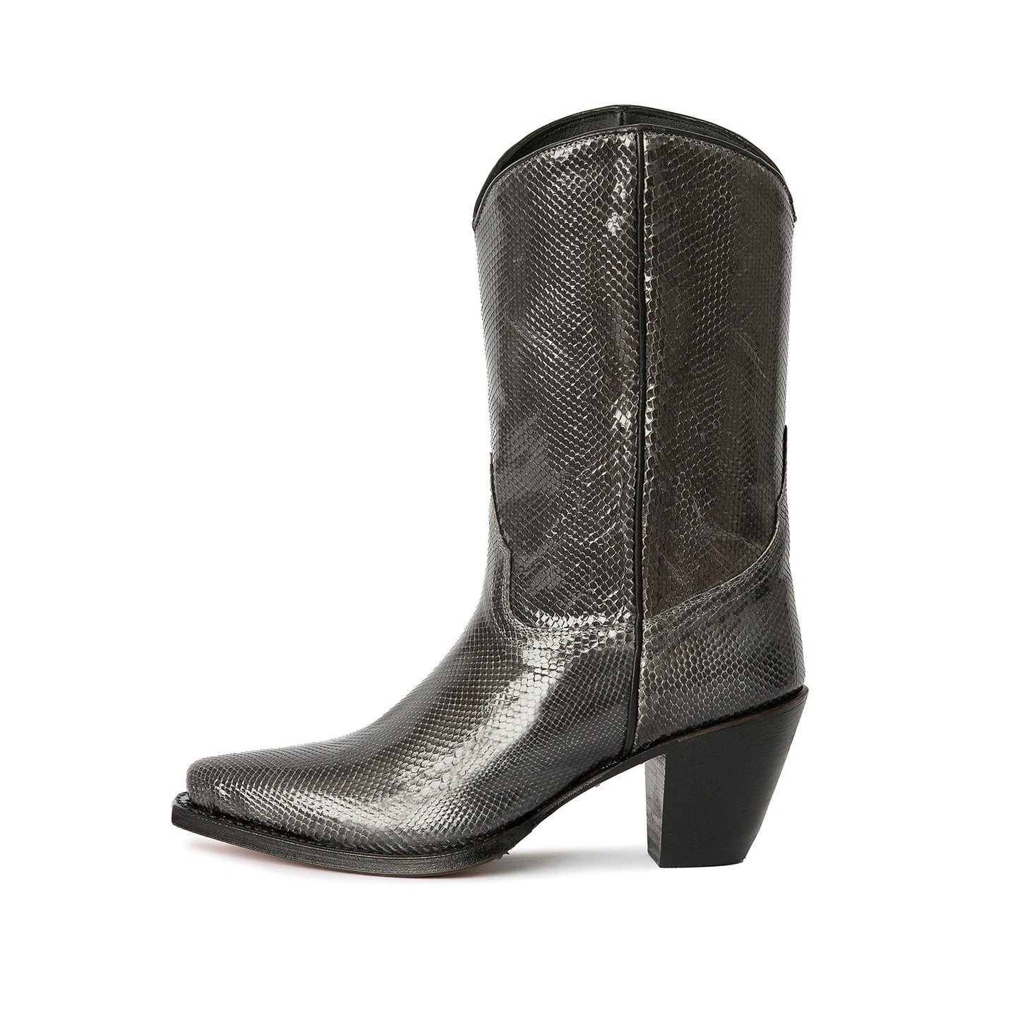 Dark Gray Snakeskin Print Almond-Toe Chic Mid Calf Cowgirl Boots