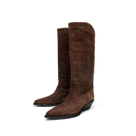 Brown Faux Suede Almond-Toe Simple Mid Calf Cowgirl Boots
