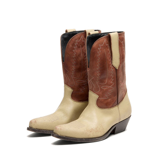 Contrast Brown And Beige Snip-Toe Chic Embroidery Mid Calf Cowgirl Boots