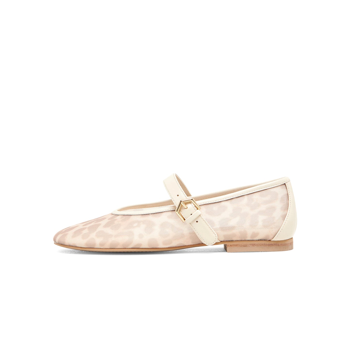 White Leopard Mesh Round-Toe Vegan Leather Bridge Strap Ballet Flats