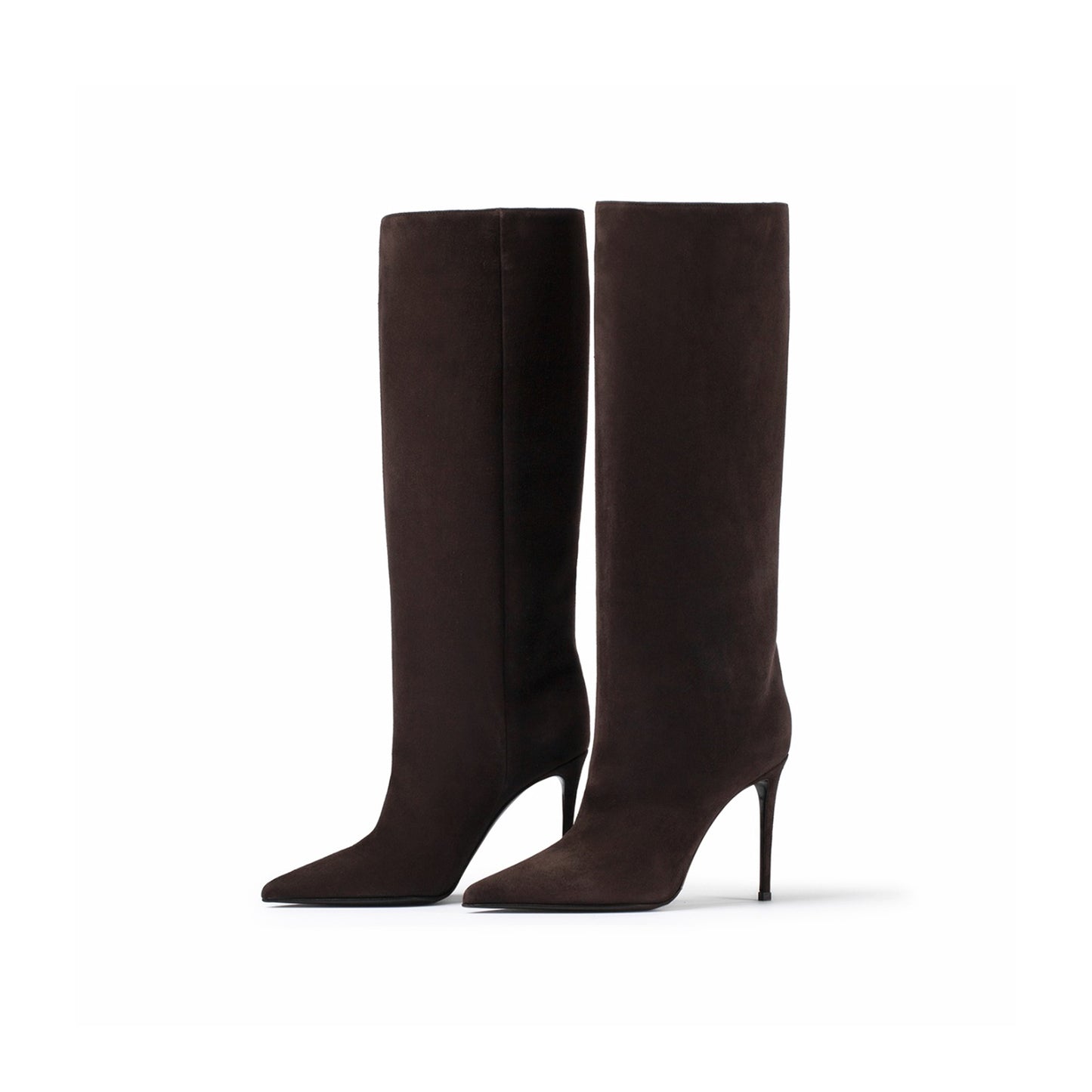 Brown Faux Suede Pointed-Toe Simple Wide Calf Knee High Tall Stiletto Boots